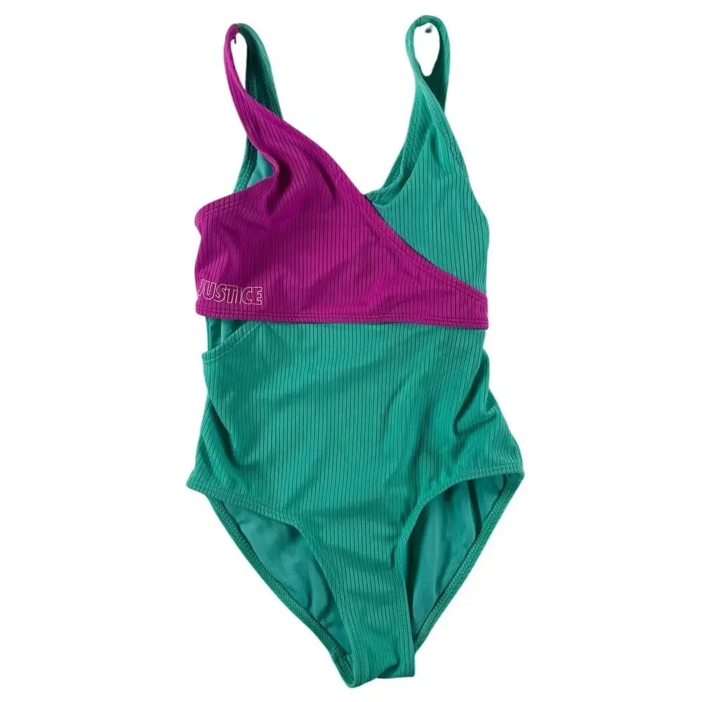 Justice Girls Crossbody One Piece Swimsuit - Teal Purple - Small (7/8)